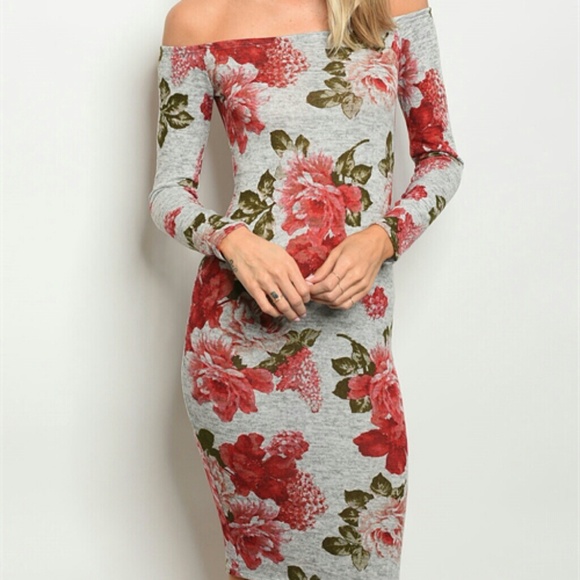 Dresses & Skirts - "Heather" Gray Off Shoulder Floral Dress🌸